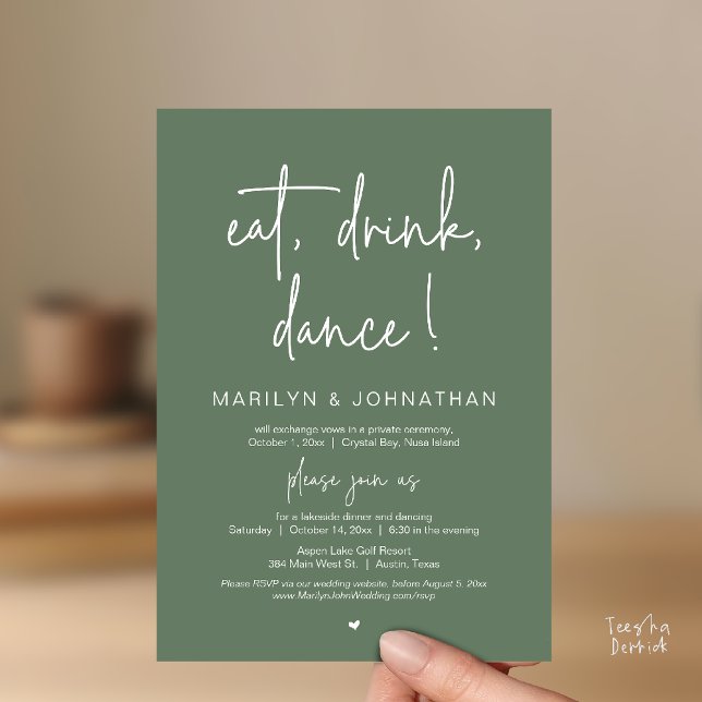 Eat, Drink, Dance, Wedding Elopement Dinner Party  Invitation (Eat, Drink, Dance, Wedding Elopement Dinner Party Invitation Card in Warm Sage Green)