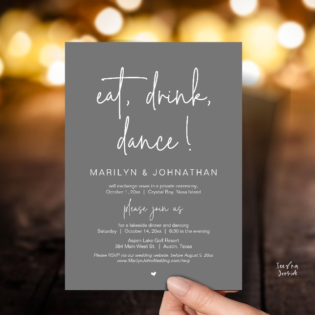 Eat, Drink, Dance, Wedding Elopement Dinner Party  Invitation (Eat, Drink, Dance, Wedding Elopement Dinner Party Invitation Card in Warm Dark Grey)