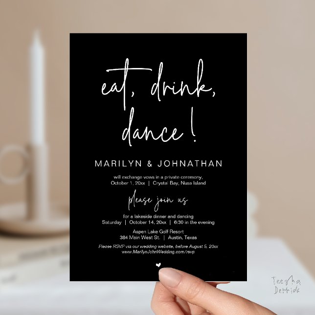 Eat, Drink, Dance, Wedding Elopement Dinner Party  Invitation (Eat, Drink, Dance, Wedding Elopement Dinner Party Invitation Card in Warm Black White)