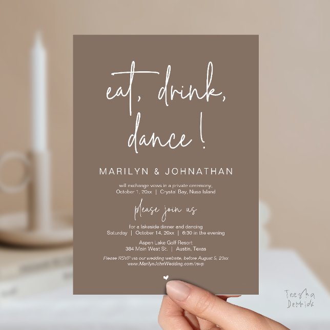 Eat, Drink, Dance, Wedding Elopement Dinner Party  Invitation (Eat, Drink, Dance, Wedding Elopement Dinner Party Invitation Card in Warm Taupe Brown)