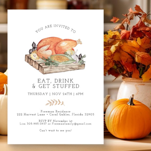 Eat Drink Get Stuffed Thanksgiving Invite (Simple Watercolor Thanksgiving Invitation)