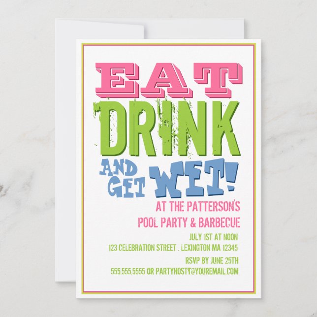 Eat, Drink & Get Wet at a Pool Party & BBQ Invitation (Front)
