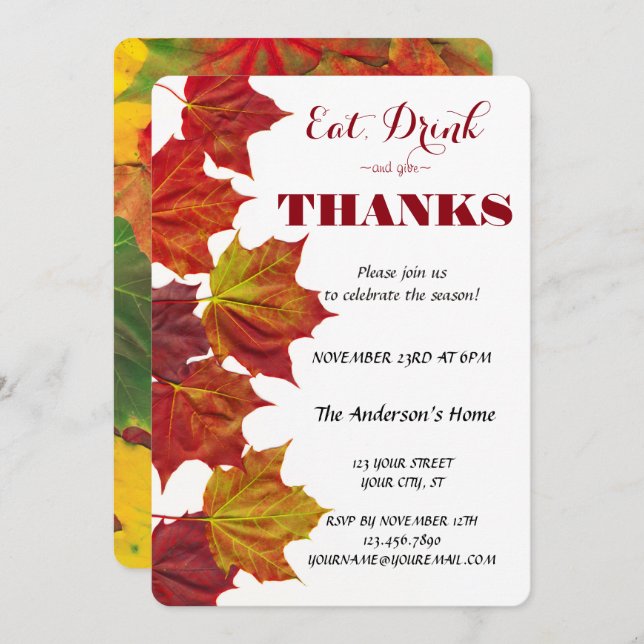 Eat Drink & Give Thanks Fall Leaves Celebration Invitation (Front/Back)