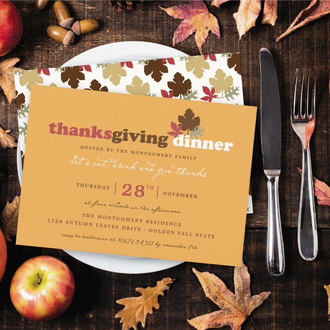 Eat Drink & Give Thanks Leaves Thanksgiving Dinner Invitation (Let's Eat, Drink & Give Thanks Leaves Thanksgiving Dinner Party Invitation @ fat_fa_tin)