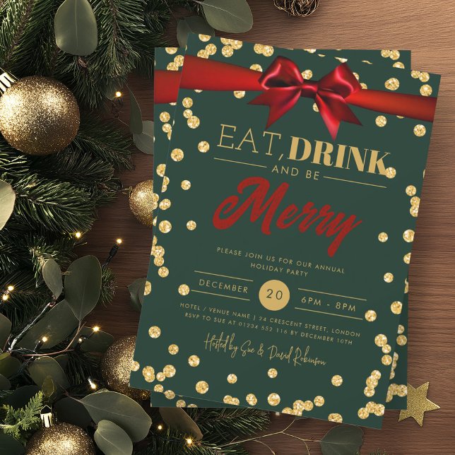 Eat Drink Gold Green Glitter Holiday Xmas Bow Invitation (Creator Uploaded)
