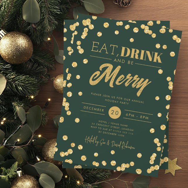 Eat Drink Gold Green Glitter Holiday Xmas  Invitation (Creator Uploaded)
