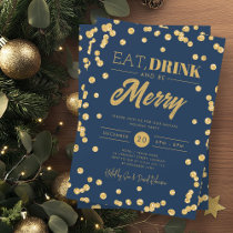 Eat Drink Gold Navy Glitter Holiday Xmas  Invitation