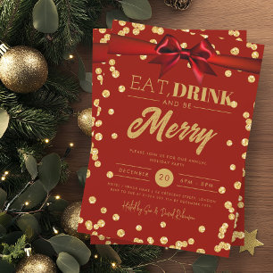 Eat Drink Gold Red Glitter Holiday Xmas Bow Invitation