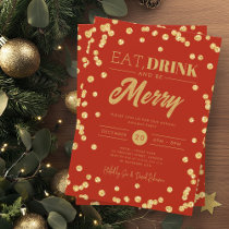 Eat Drink Gold Red Glitter Holiday Xmas  Invitation