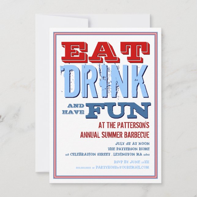 Eat, Drink & have Fun at a Summer BBQ Party Invitation (Front)