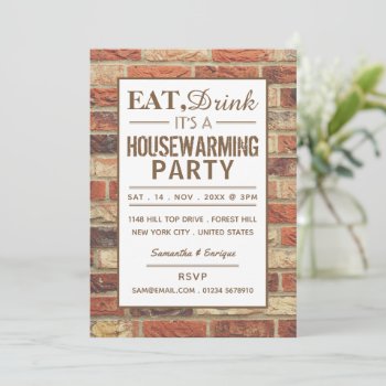 Eat  Drink Housewarming Party Rustic Brick Invite by StampedyStamp at Zazzle