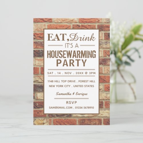 Eat Drink Housewarming Party Rustic Brick Invite
