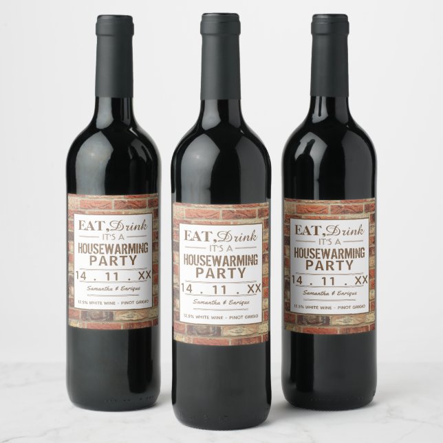 Eat, Drink Housewarming Party Rustic Brick Wine Label (Bottles)