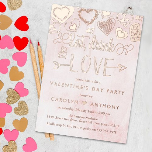 Eat Drink  Love Valentines Day Party Real Foil Invitation