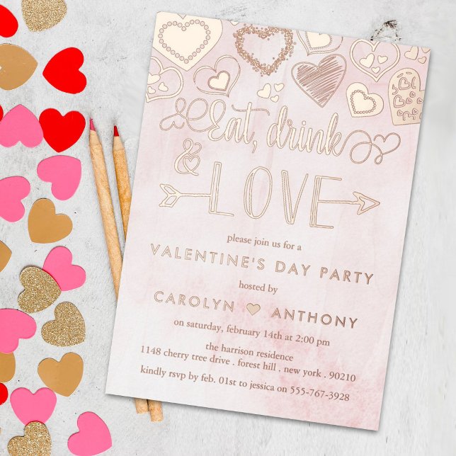"Eat, Drink & Love" Valentine's Day Party Real Foil Invitation (Creator Uploaded)