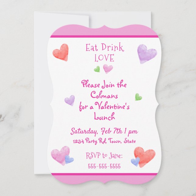 EAT DRINK LOVE Valentines Fun Watercolor Hearts Invitation (Front)