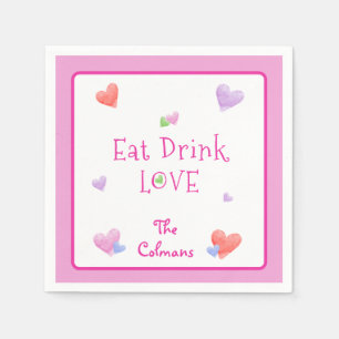 EAT DRINK LOVE Valentines Fun Watercolor Hearts Napkins