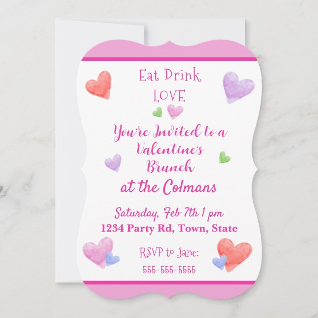 EAT DRINK LOVE Valentines Watercolor Hearts Invitation (Front)