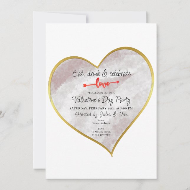 Eat Drink & Love Watercolor Gold Heart Valentines Invitation (Front)