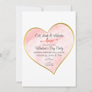 Eat Drink & Love Watercolor Gold Heart Vday Party Invitation