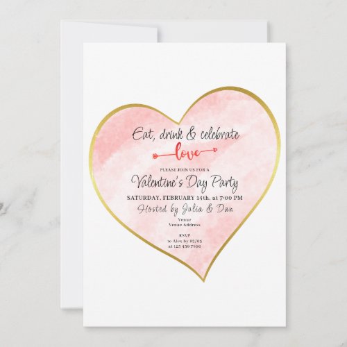 Eat Drink  Love Watercolor Gold Heart Vday Party Invitation
