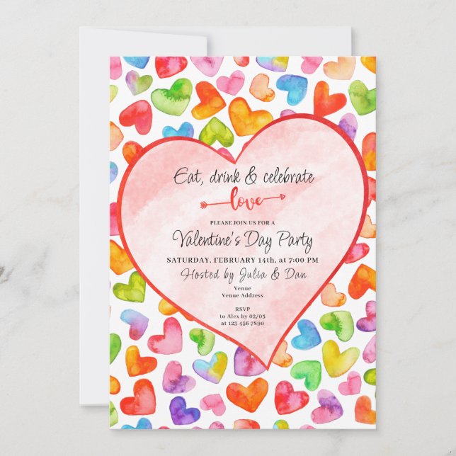 Eat Drink & Love Watercolor Hearts Valentine Party Invitation (Front)