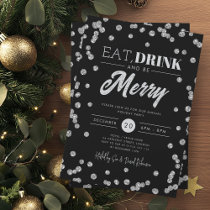 Eat Drink Merry Silver Black Glitter Holiday Xmas  Invitation