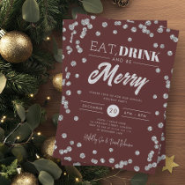 Eat Drink Merry Silver Burgundy Glitter Holiday  Invitation