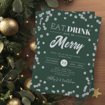 Eat Drink Merry Silver Green Glitter Holiday  Invitation