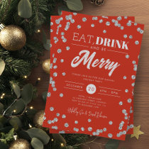 Eat Drink Merry Silver Red Glitter Holiday  Invitation