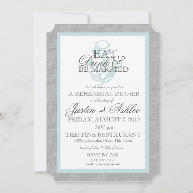 Eat Drink Nautical Anchor Wedding Rehearsal Invitation (Front)
