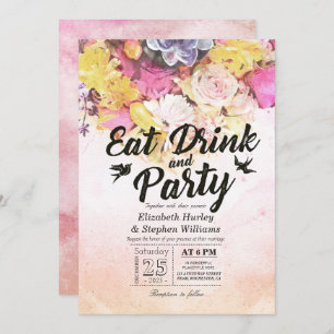 EAT Drink & Party Modern Watercolor Flower Wedding Invitation
