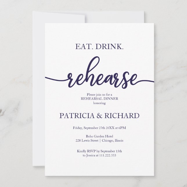 Eat Drink Rehearse Blue White Rehearsal Dinner Invitation (Front)