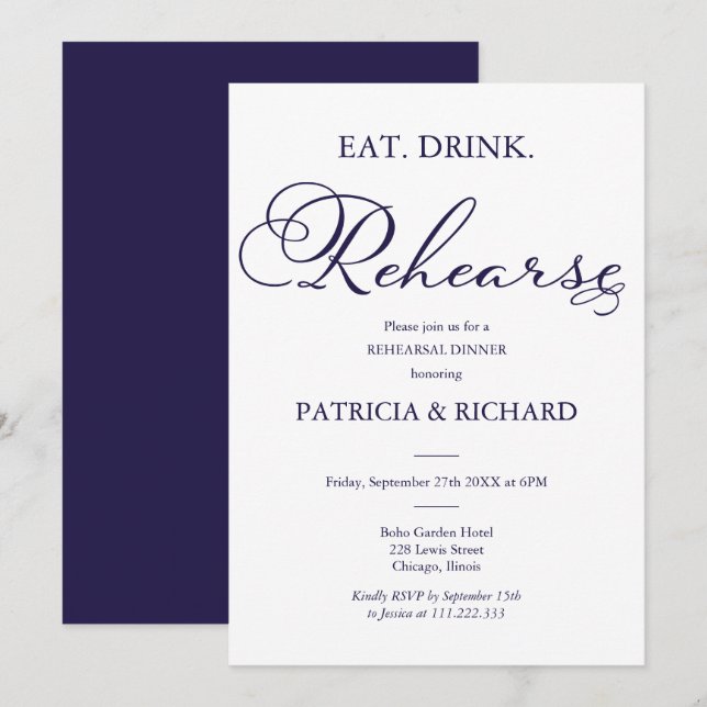 Eat Drink Rehearse Elegant Script Rehearsal Dinner Invitation (Front/Back)