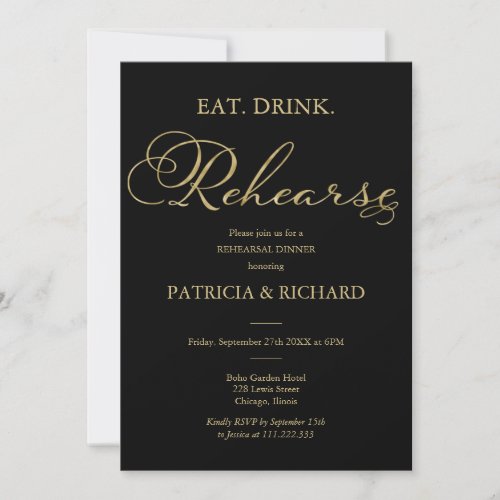 Eat Drink Rehearse Gold Foil Rehearsal Dinner Invitation