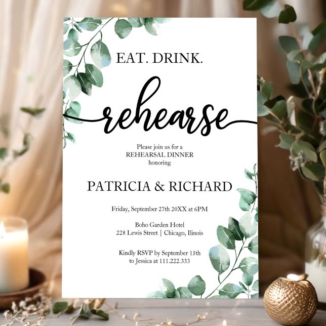 Eat Drink Rehearse Greenery Rehearsal Dinner Invitation (Creator Uploaded)