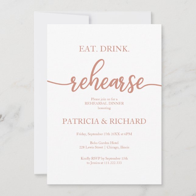 Eat Drink Rehearse Rose Gold Rehearsal Dinner Invitation (Front)