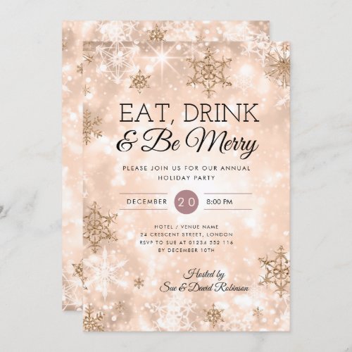 Eat  Drink Rose Gold Holiday Christmas Party Invitation