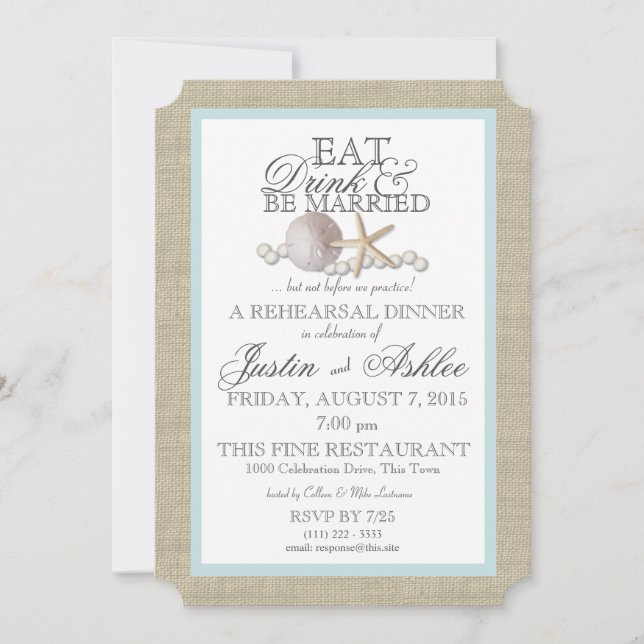 Eat Drink Sand Dollar and Pearl Wedding Rehearsal Invitation (Front)