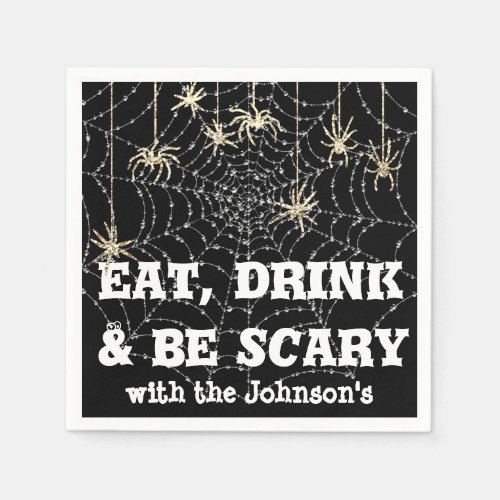 Eat Drink Scary Spider Halloween Black Web Gold Napkins