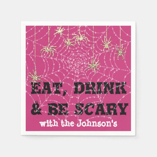 Eat Drink Scary Spider Halloween Pink Web Gold Napkins