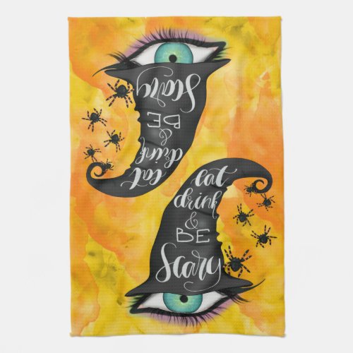 Eat Drink Scary Witches Hat Watercolor Orange dish Kitchen Towel