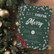 Eat, Drink Silver Glitter Xmas Ribbon Green  Invitation