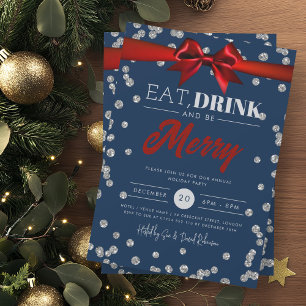 Eat Drink Silver Navy Glitter Holiday Xmas Bow Invitation