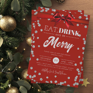 Eat Drink Silver Red Glitter Holiday Xmas Bow Invitation