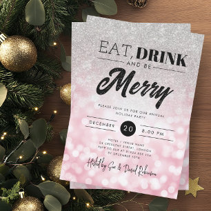 Eat Drink Silver Rose Gold Bokeh Holiday Xmas Invitation