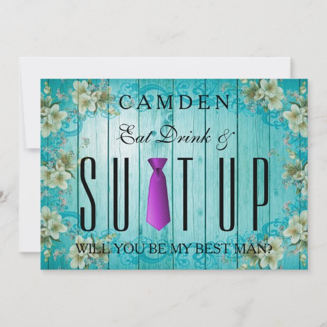 Eat Drink & Suitup Purple Will you be my Bestman Invitation (Front)