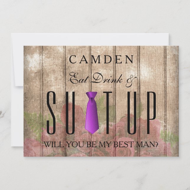 Eat Drink & Suitup Purple Will you be my Bestman Invitation (Front)