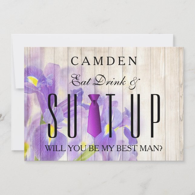 Eat Drink & Suitup Purple Will you be my Bestman Invitation (Front)