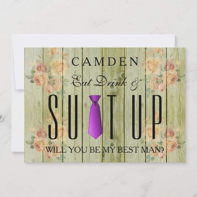 Eat Drink & Suitup Wooden Will you be my Bestman Invitation (Front)
